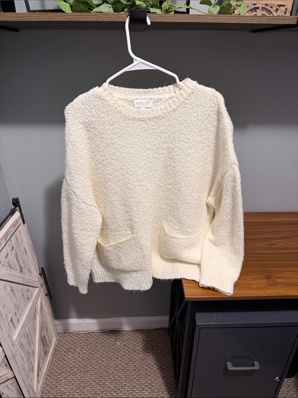 APRICOT Cream Bouclé Crewneck Sweater with Front Pockets